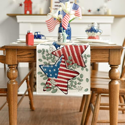 American Flag Stars Eucalyptus 4th of July Table Runner, Memorial Day Kitchen Dining Table Decoration for Home Party Decor 13x72 Inch