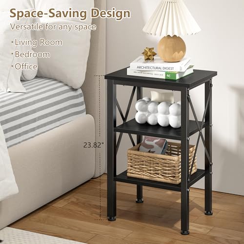 End Table Set of 2, Bedside Table, 24" Tall Living Room End Tables, X-Design Reinforced Nightstands, Side Table with 3-Tier Storage Shelves for Small Spaces, Office, Bedroom, Classic Black