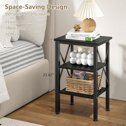 End Table, Bedside Table, 24" Tall Living Room End Tables, X-Design Reinforced Nightstands, Side Table with 3-Tier Storage Shelves for Small Spaces, Office, Bathroom, Bedroom, Classic Black