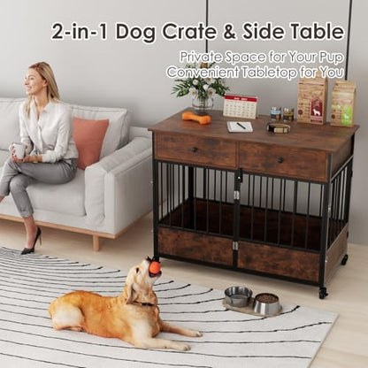 44.5" Dog Crate Furniture, Wooden Dog Kennel with Storage Drawers, view 5