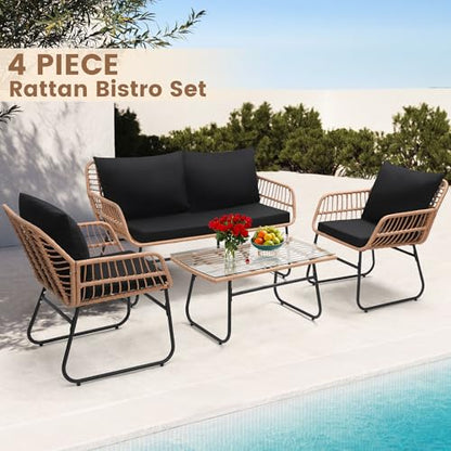 4 Piece Patio Bistro Outdoor Furniture Set, Wicker Sofa, 2 Rattan Chairs and Table, Backyard Conversation Set, Washable Cushions, Natural Rattan Black Cushion
