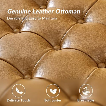 36" Genuine Leather Square Tufted Ottoman Coffee Table, Camel | 100% Genuine Leather, Button Tufted Style, Solid Wooden Flared Legs, Mid-Century Modern Extra Seating for Living Room