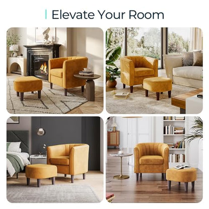 Accent Chair with Ottoman, Modern Barrel Chair Small Armchair Reading Chair with Footrest, Comfy Round Arms Chair for Living Room Bedroom Reading Room, Velvet, Yellow