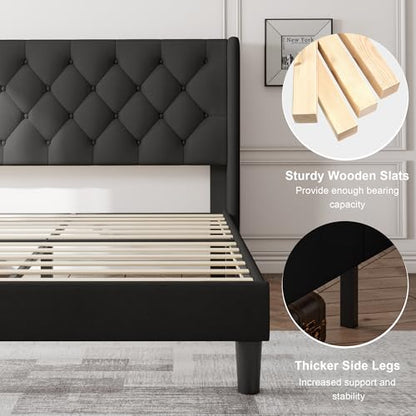 Queen Bed Frame with Upholstered Wingback Headboard, view 6