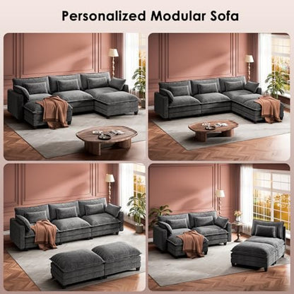 Modular Sectional Sofa 110.6" U-Shaped Modern Comfy Cloud Couch, 5-Seat Chenille Deep Seat Sofa with Throw Pillow & Movable Ottoman for Living Room, Bedroom and Apartment, Slate Gray