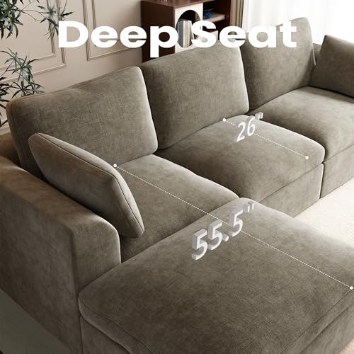 110" Cloud Sectional Couches for Living Room, Convertible L Shape Boneless Couch with Ottoman, Oversized Modular Cloud Sofa Set, 3 Seat Deep Comfy Sofa for Bedroom Apartment, Chenille (Light Brown)
