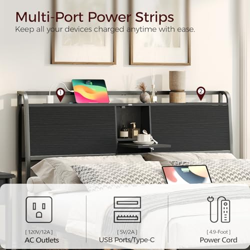 Headboard Queen Size with 2 Power Strips and Flip Door Storage, view 6