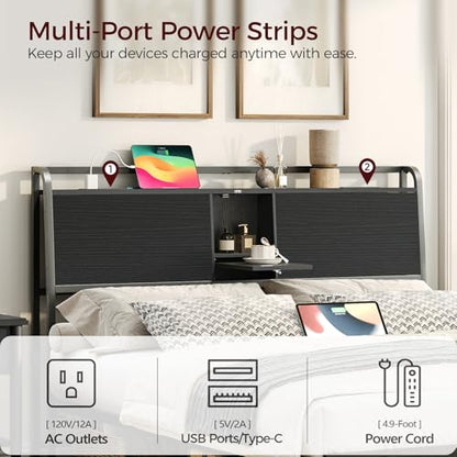 Headboard Queen Size with 2 Power Strips and Flip Door Storage, view 6