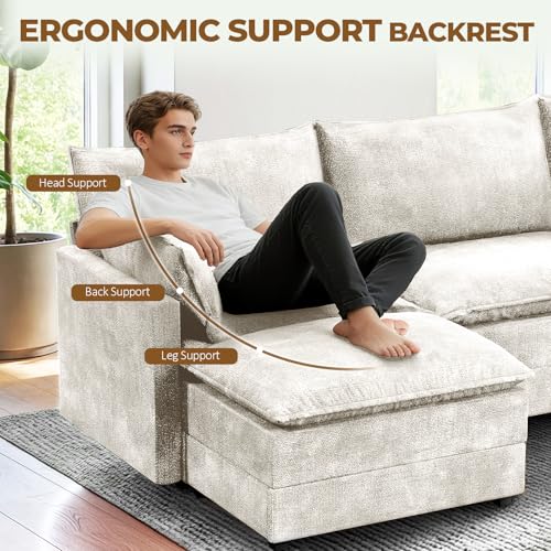 147" U-Shape Modular Sofa with 2 Ottomans, Deep Seat Cloud Convertible Sleeper, 2 Arm Pillows, Comfortable Large Upholstered Furniture for Living Room Apartment, Beige