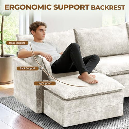 147" U-Shape Modular Sofa with 2 Ottomans, Deep Seat Cloud Convertible Sleeper, 2 Arm Pillows, Comfortable Large Upholstered Furniture for Living Room Apartment, Beige