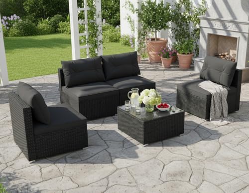 5 Piece Rattan Sofa Set, Outdoor Wicker Furniture Set w/Seat & Back Cushions, Square Coffee Table, Patio Sectional Sofa Set for Backyard, Poolside, Garden (Black)
