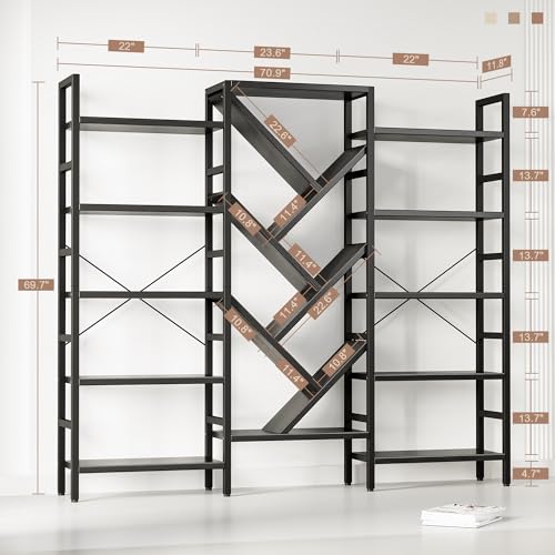70x70” Triple 5 Tier Book Shelf, Large Wooden Bookcase with 17 Open Display Shelf, Modern Tree Bookshelf Metal Frame Tall Book Case Furniture for Living Room Bedroom Home Office Black