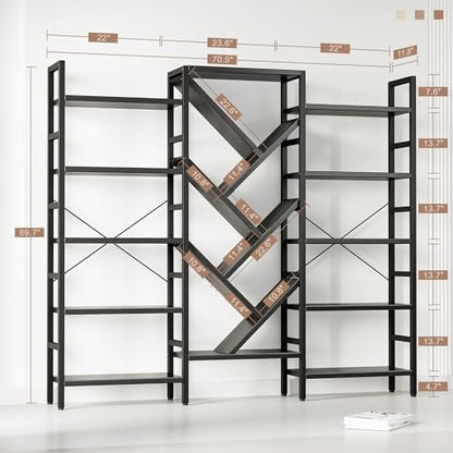 70x70” Triple 5 Tier Book Shelf, Large Wooden Bookcase with 17 Open Display Shelf, Modern Tree Bookshelf Metal Frame Tall Book Case Furniture for Living Room Bedroom Home Office Black