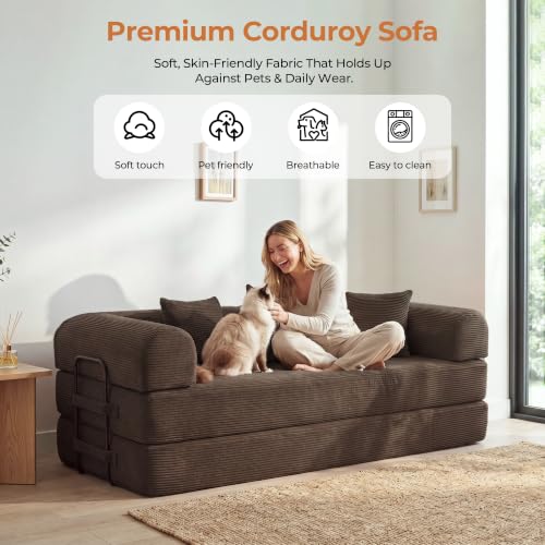 79'' Convertible Sofa Bed, Folding Sleeper Couch with Pull Out Bed, Modular Floor Couch with Cushions, Corduroy Sofa for Apartment Living Room Bedroom Guest Room Use, No Assembly (Brown)