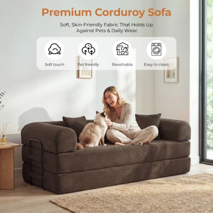 79'' Convertible Sofa Bed, Folding Sleeper Couch with Pull Out Bed, Modular Floor Couch with Cushions, Corduroy Sofa for Apartment Living Room Bedroom Guest Room Use, No Assembly (Brown)