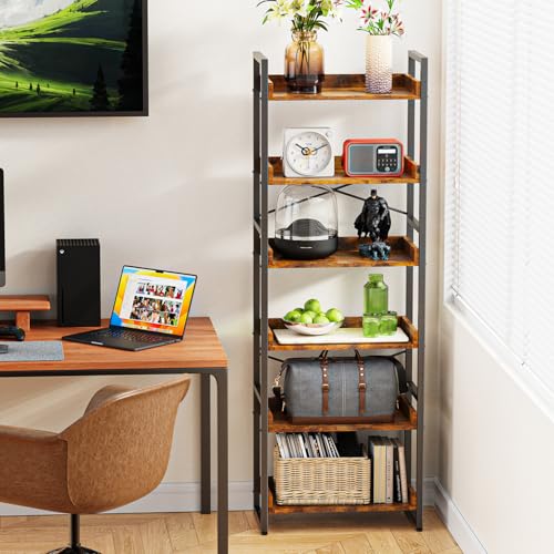 Cheersstar 6-Tier Bookshelf, 6 Tier Industrial Bookcase, Standing Bookshelves, Tall Display Rack with Steel Frame for Living Room, Bedroom, 11.8 x 20 x 69 Inches, Rustic Brown