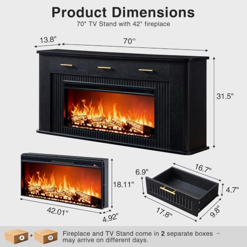 70" Fireplace TV Stand with 42" Electric Fireplace, view 3