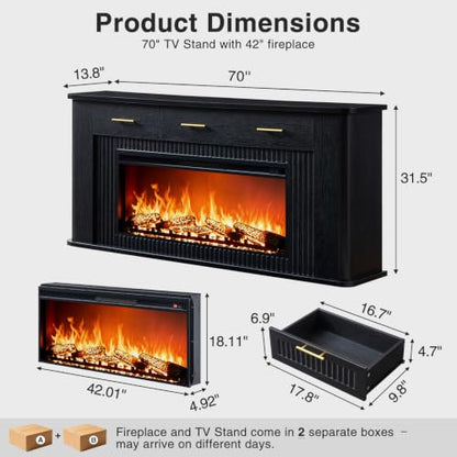 70" Fireplace TV Stand with 42" Electric Fireplace, view 3