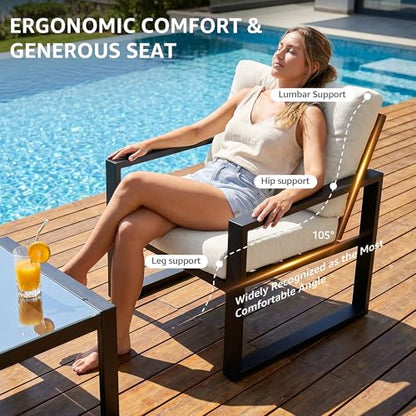 4 Pieces Patio Furniture Sets,Metal Outdoor Patio Furniture Sets,Outdoor Sectional Patio Conversation Set,Wooden Anti-Scald Armrest,Sling Mesh,4" Olefin Cushions