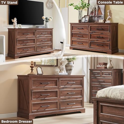 52" Wide Farmhouse 6 Drawer Dresser for Bedroom, Brown, view 4