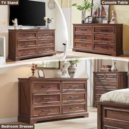 52" Wide Farmhouse 6 Drawer Dresser for Bedroom, Brown, view 4