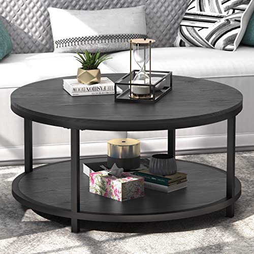 Round Coffee Table Black 35.8" Circle Coffee Tables for Living Room Rustic Industrial Design with Sturdy Metal Frame Legs and Open Storage Shelf, Easy Assembly