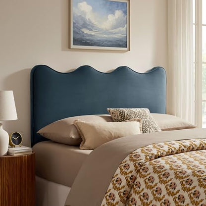 Monday Athena Queen Size Performance Velvet Adjustable Headboard in Cadet Blue - with Scalloped Wave Design and Stain-Resistant Velvet Upholstery