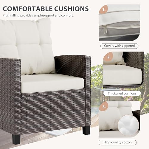 3 Pieces Patio Furniture Set Small Outdoor Wicker Rattan Front Porch Bistro Set Cushioned Patio Chairs Conversation Set with Glass Table for Lawn, Garden, Backyard, Balcony, Beige