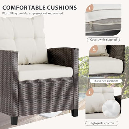 3 Pieces Patio Furniture Set Small Outdoor Wicker Rattan Front Porch Bistro Set Cushioned Patio Chairs Conversation Set with Glass Table for Lawn, Garden, Backyard, Balcony, Beige