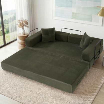 78 Inch Convertible Boneless Sleeper Sofa Bed, Modular Foldable Floor Couch, Corduroy Fabric, Memory Foam Filling, Modern Comfy Loveseat for Living Room, Small Spaces, Assembly Free, Green
