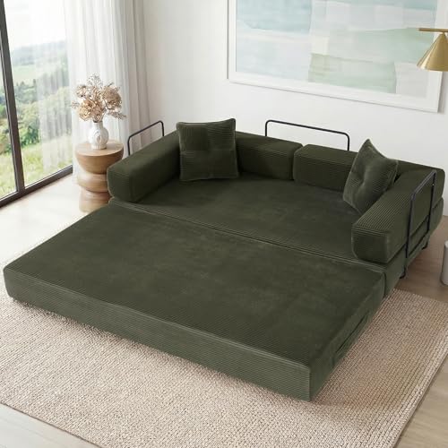 78 Inch Convertible Boneless Sleeper Sofa Bed, Modular Foldable Floor Couch, Corduroy Fabric, Memory Foam Filling, Modern Comfy Loveseat for Living Room, Small Spaces, Assembly Free, Green