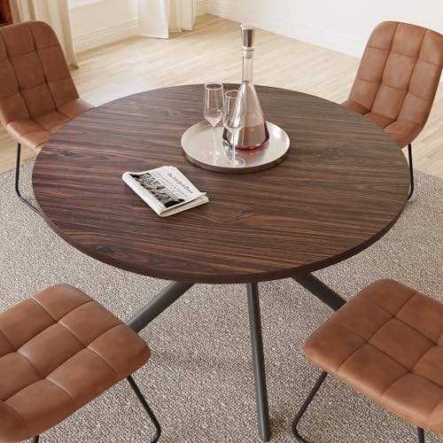 45.3 Inch Round Dining Table Set for 4, Mid Century Modern Small Coffee Set for Dining Room Kitchen Apartment (Dark Walnut Table + 4 U-Shaped Brown Chairs)