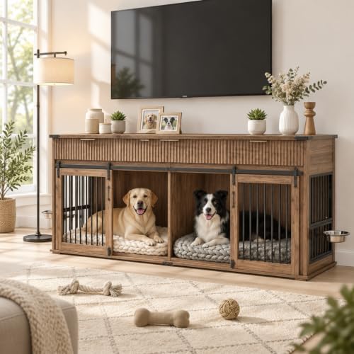 71" Double Dog Crate Furniture, Walnut Furniture Crate with Dividers., view 2