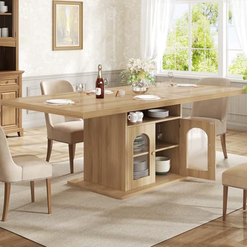 Dining Table for 4–6, 63 Inch Wood Farmhouse Kitchen Table with 3-Tier Storage Shelf and Acrylic Door Cabinet, Rectangular Modern Dining Room Dinner Table for Apartment Home Small Space, Light Oak