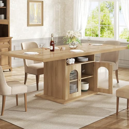 Dining Table for 4–6, 63 Inch Wood Farmhouse Kitchen Table with 3-Tier Storage Shelf and Acrylic Door Cabinet, Rectangular Modern Dining Room Dinner Table for Apartment Home Small Space, Light Oak