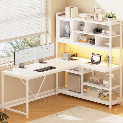 L Shaped Computer Desk, 58'' Office Desk with LED Light and Bookshelf, L Shaped Corner Desk with Storage Shelves for Home Office, Gaming Desk, L Desk, White