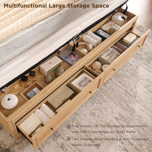 King Bed Frame w/Upholstered Headboard,Storage Bench,Natural Oak, view 6