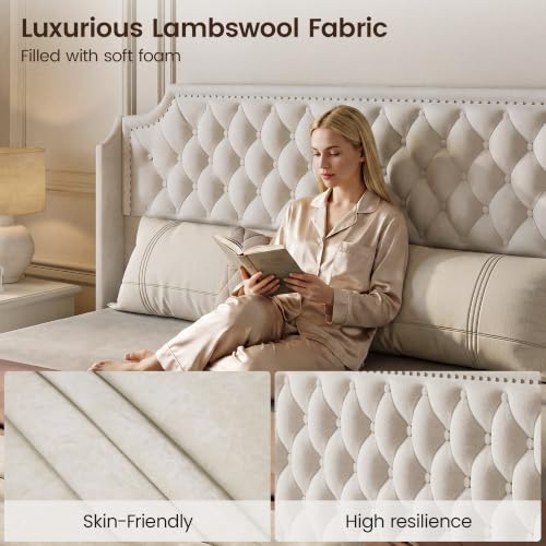Upholstered Queen Bed Frame with Headboard, Beige Bedframe with Storage, view 7