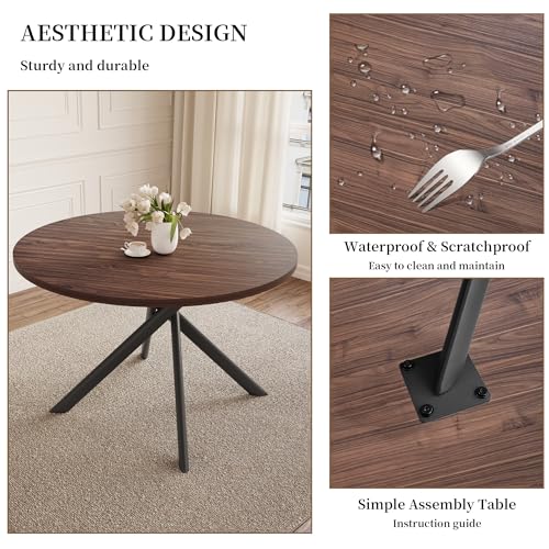 45.3 Inch Round Dining Table Set for 4, Mid Century Modern Small Coffee Set for Dining Room Kitchen Apartment (Dark Walnut Table + 4 U-Shaped Brown Chairs)