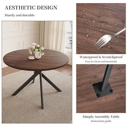 45.3 Inch Round Dining Table Set for 4, Mid Century Modern Small Coffee Set for Dining Room Kitchen Apartment (Dark Walnut Table + 4 U-Shaped Brown Chairs)