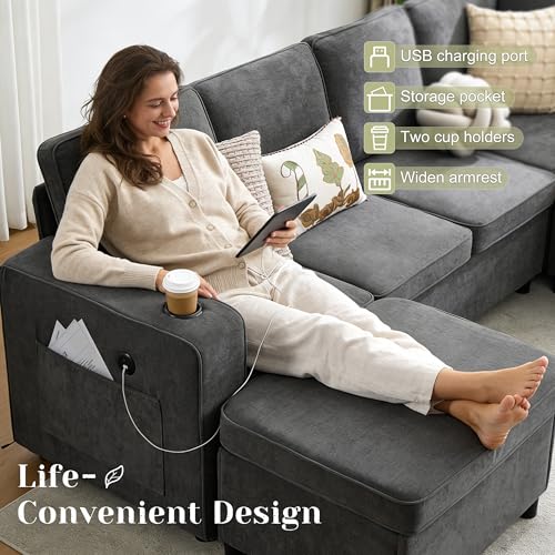 107 Inch Modular Sectional Sofa with Pull Out Bed, 7 Seat U Shaped Sectional Sleeper Sofa with Storage Ottoman, USB Port & 6 Pillows, Sectional Couches for Living Room & Apartment, Modular Couch, Grey