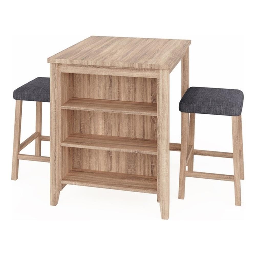 Lilola Home Dawson 36-inch Oak Finish 3-Piece Counter Height Table Set, Built-in Storage Shelves and 2 Linen-Upholstered Stools — Space-Saving Dining Set for Kitchen, Apartments, and Breakfast Nooks
