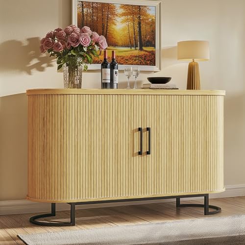 47.2" Sideboard Buffet Cabinet with Storage, Fluted Storage Cabinet with Sliding Door & Adjustable Shelf, Modern Tambour Sideboard Buffet for Kitchen, Living Room, Entryway, Oak