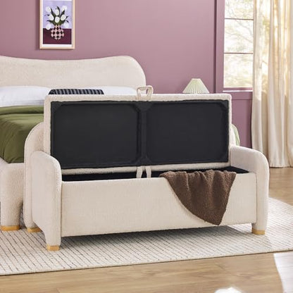 Chantelle Modern Contemporary Curved Upholstered Bench with Storage, 56 Inch, Ivory Bouclé