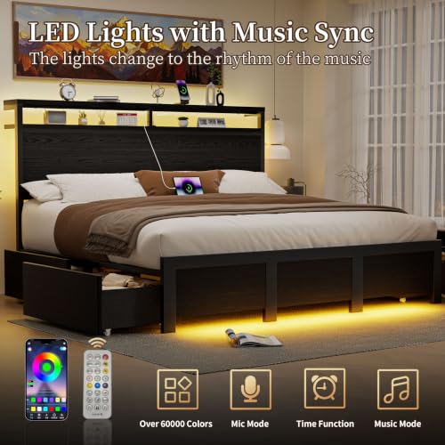 King Bed Frame with 4 Storage Drawers, Charging Station and LED Lights, view 8