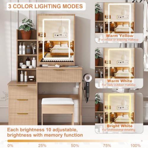 Fluted Makeup Vanity, Small Vanity Desk with Mirror and Lights, Charging Station, view 5