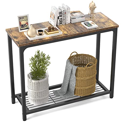 Small Console Table Sofa Table with Mesh Shelves, 2 Tier Entryway Table Foyer Table for Entryway, Front Hall, Hallway, Sofa, Couch, Living Room, Bar, Kitchen, 32 Inch, Rustic Brown