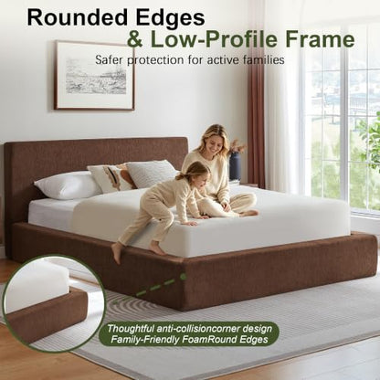 Queen Cloud Bed Frame with Headboard, No Box Spring Needed, Brown-Style A, view 4