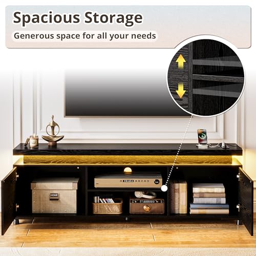 TV Stand for 85 inch TV, TV Console with LED Lights and Power Outlet, Long Entertainment Center with Cabinets and Storage Shelves, TV Stand Black for Bedroom Living Room