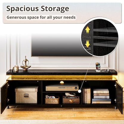 TV Stand for 85 inch TV, TV Console with LED Lights and Power Outlet, Long Entertainment Center with Cabinets and Storage Shelves, TV Stand Black for Bedroom Living Room